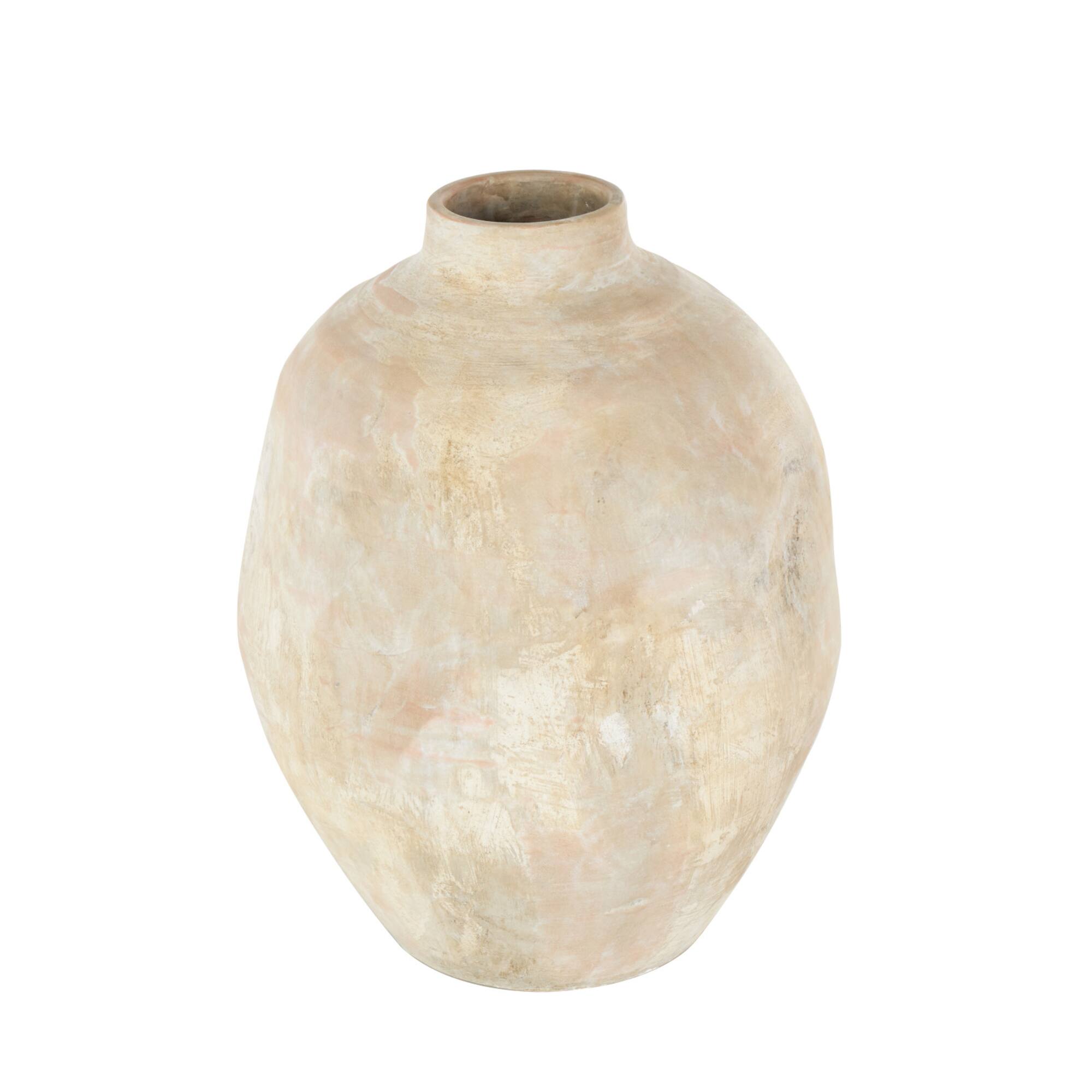 14.5" Beige & Shades of Pink Antique Wide Ceramic Vase